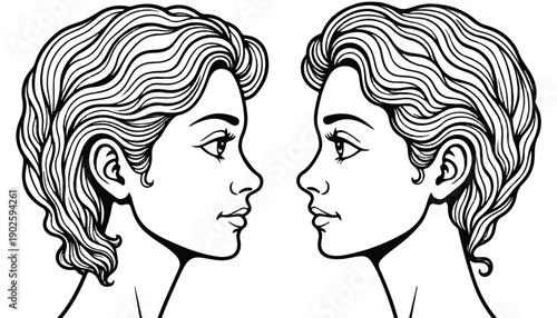 Two women facing each other in a black and white illustration.