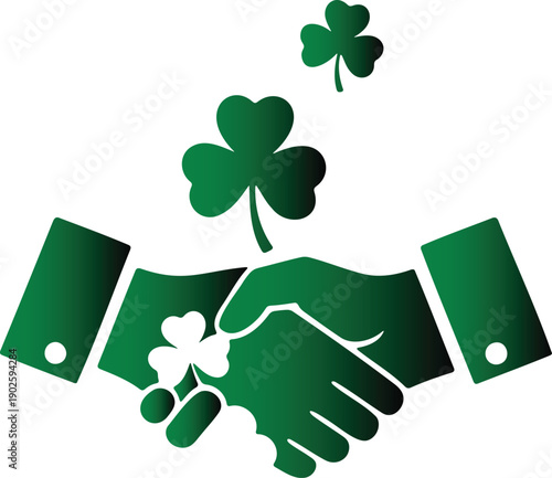 Green handshake with clover leaves on white background for business luck concept  symbolizing partnership and good fortune