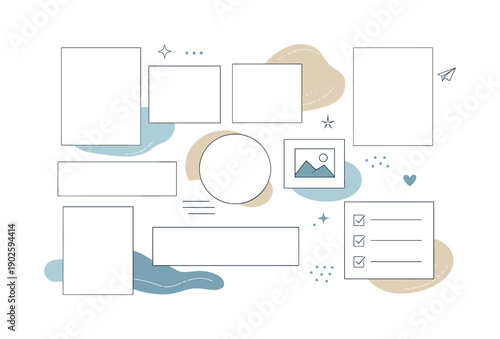 Editorial collage frame set. A grid of simple frames mixed with abstract shapes, creating a flexible layout for content. Calm creativity,