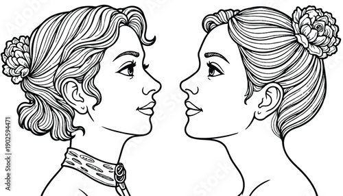 Black and white illustration of two women facing each other with flowers in their hair.
