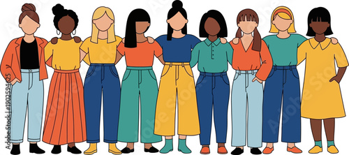 Diverse group of women standing together, depicting unity and women's rights, international women's day
