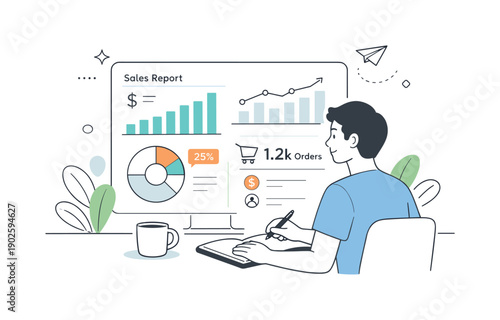 Ecommerce analytics. A person analyzing sales performance charts and graphs on a screen, calm and focused on data-driven decisions. The