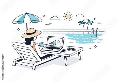Laptop work near swimming pools. A modern outdoor workspace with a laptop on a lounger table, water reflections simplified in the background.