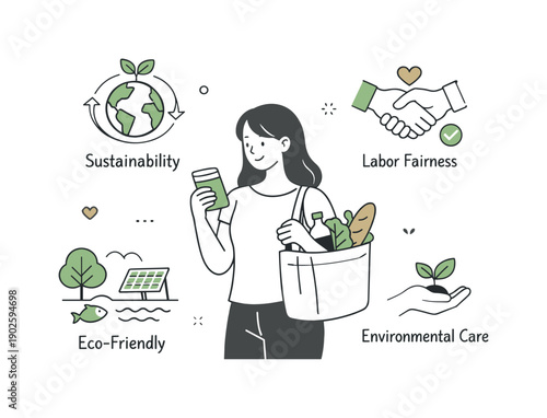 Ethical consumer awareness scene. Icons for sustainability, labor fairness, and environmental care floating around a shopper in a clean