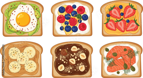Toast Bread Toppings Set with Avocado Egg Berries Strawberry Banana Chocolate and Salmon Cartoon Illustration