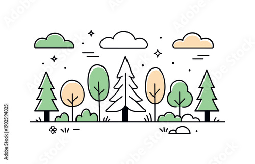 Minimal landscape art. A stylized forest with simple tree shapes and rhythmic spacing between elements. Calm natural balance with abstract