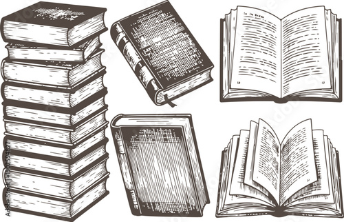 Vintage Book Collection Vector Stacked and Open Hand-Drawn Illustrations