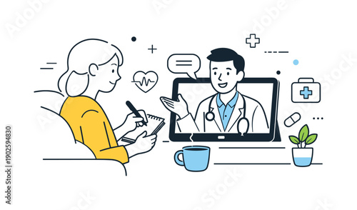 Telemedicine illustration pack. A doctor appearing on a tablet screen while a patient calmly listens and takes notes at home. The scene shows