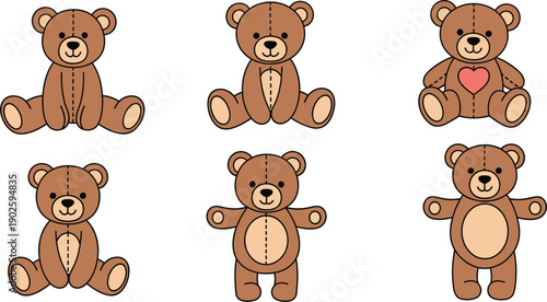 Teddy Bear Plush Toy Collection in Different Poses Cartoon Illustration Set Isolated on White Background