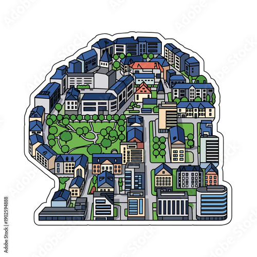 Stylized Cityscape with Buildings and Greenery.