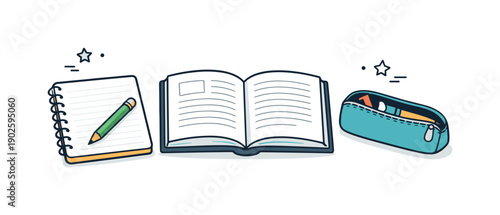 School desk essentials. A clean desk with a notebook, pencil case, and open book, ready for studying. The scene feels quiet and focused.