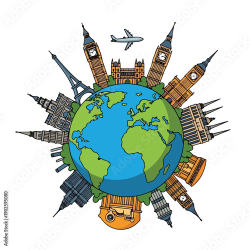 Globe Surrounded by Famous Landmarks Illustration.
