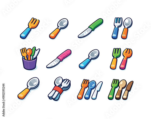 Cutlery. Colorful isometric vector icons set of Cutlery: fork, spoon, knife, fork and spoon set, cutlery holder, table knife, teaspoon, salad