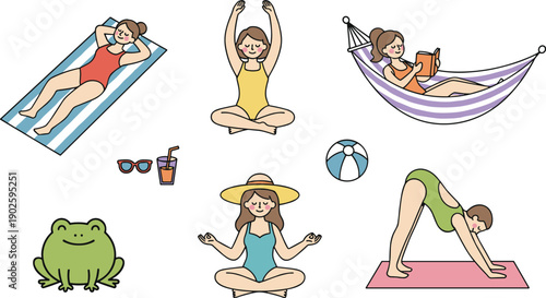 Summer Relaxation and Yoga Activities Collection with Beach and Meditation Illustration Set