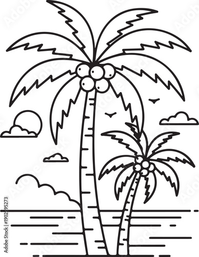 Two Palm Trees Standing Beside Tropical Beach Shoreline Illustration