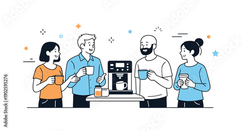 Relaxed office break. Workers smiling and chatting around a coffee machine, minimal decorative elements like dots and stars floating, calm