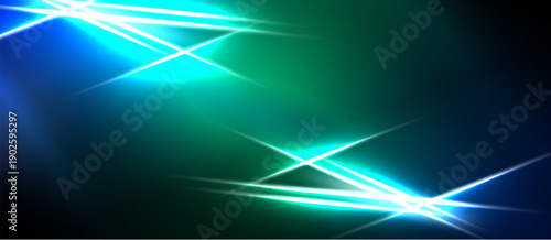Abstract background features vibrant blue, green hues. Bright lines intersect creating dynamic light effects. Dark borders frame composition.