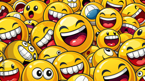 A vibrant collection of laughing emojis in various expressions and sizes.