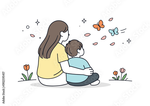 Springtime Serenity. Peaceful spring bonding. A mother and child sitting together, watching butterflies or petals drifting by. Quiet connection, mindfulness,