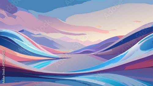 A serene digital landscape with pastel-colored hills and a calm lake