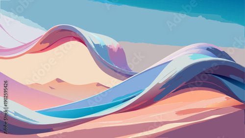 A serene digital landscape with pastel-colored sand dunes and abstract shapes