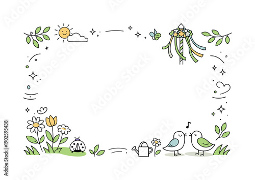 May Day spring background. Soft abstract shapes, fresh greenery, and light decorative details frame an empty center for messages or