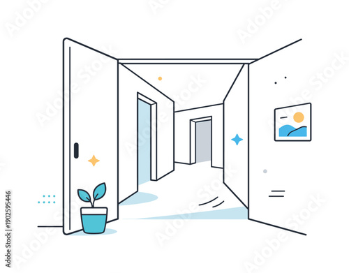 Hallways between rooms. View from inside a room looking out into a softly lit hallway, walls and edges gently angled. Subtle perspective