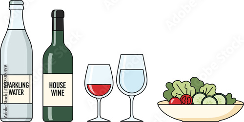 Sparkling Water and House Wine Bottles with Glasses and Fresh Salad Bowl Flat Illustration Set