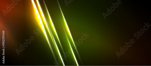 Abstract background features vibrant diagonal lines. Yellow, green, orange hues blend into dark space. Modern design element.