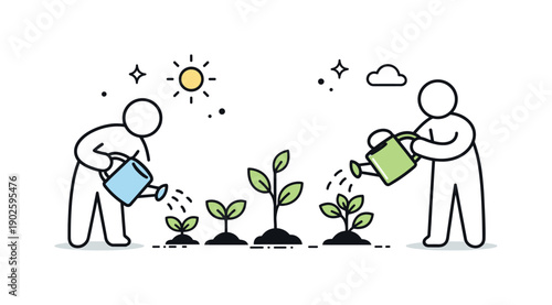 People watering plants again as abstract renewal. Simplified human figure, watering can, and plants emphasize gesture and growth over detail.