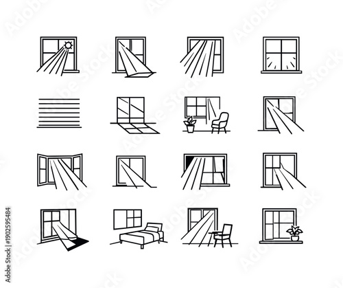 Sunlit Window Icon Set. Sunlight through window. Line icon set of Sunlight through window: sun rays crossing window, angled window light, dramatic light beams,