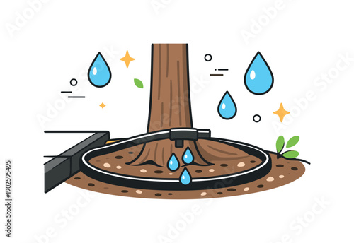 Tree watering system. Close-up of slow drip irrigation at the base of a street tree, soft floating water icons and earthy tones suggesting