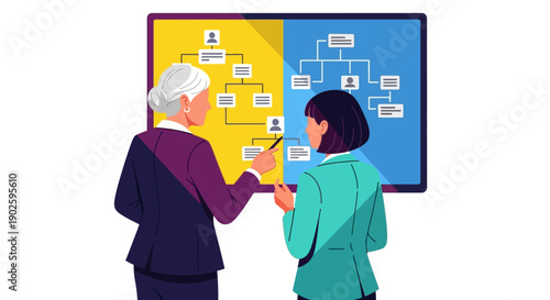 Business Organizational Chart Analysis: Senior Executive Explaining Corporate Structure and Team Hierarchy Diagram to a Colleague.