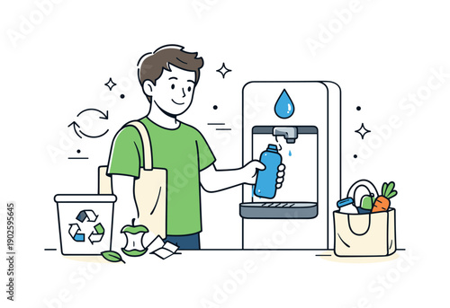 Recycling and zero waste. Person refilling a bottle at a water station with a relaxed smile. Simple sustainable habit and eco-friendly daily