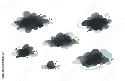 Ink Drop Overlay. Ink drop overlays. Soft black ink drops spreading gently on a transparent or white background, forming organic abstract shapes. Calm artistic