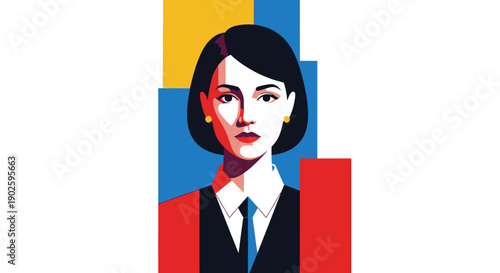 Stylish Geometric Vector Portrait of Confident Business Woman. Abstract Cubist Illustration Representing Power, Leadership, and Corporate Success.