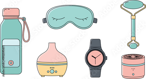 Self Care and Wellness Accessories Set Including Water Bottle Sleep Mask Watch and Face Roller Isolated on White Background Vector Illustration