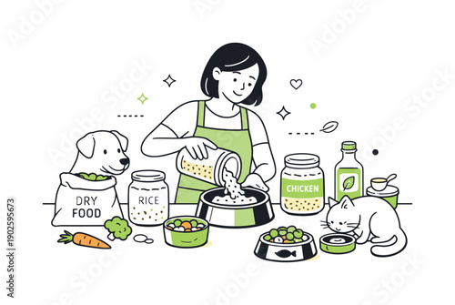 Green pet feeding routine. A pet owner preparing food with minimal packaging and reusable containers. Thoughtful nutrition and low-waste