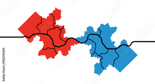 Abstract Red vs. Blue Map Division. Political Districts and Territories Connected by a Flow Line. Geography and Election Data Vector Illustration.