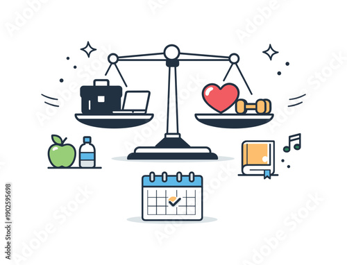 Life and work harmony. Equal attention to career, health, and personal interests, friendly and reassuring tone. Icon-style illustration with