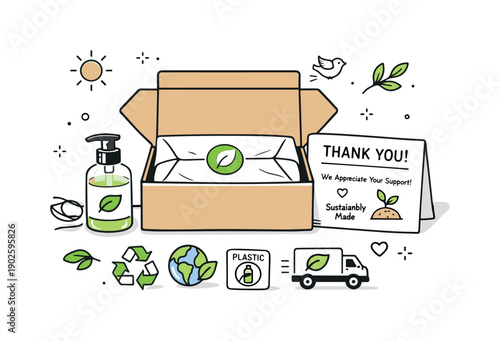 Sustainable brand packaging. A neatly arranged unboxing scene with a product, thank-you card, and recyclable wrapping, expressing