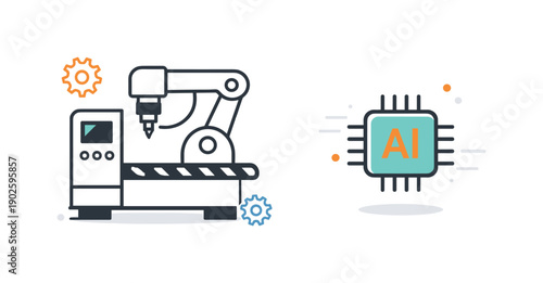 Edge AI infrastructure symbols. A factory machine icon paired with a small AI chip, symbolizing industrial edge intelligence. The mood is