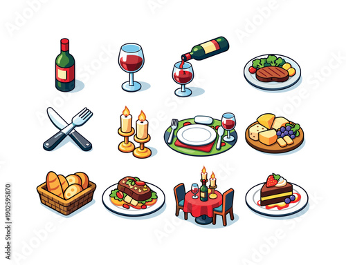 Dinner with Wine. Colorful isometric vector icons set of dinner with wine: wine bottle, wine glass, red wine pour, dinner plate, fork and
