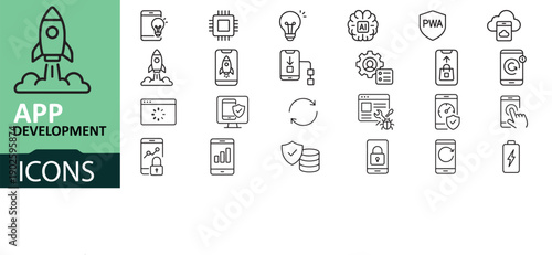 Black and white line icons for mobile app development concepts