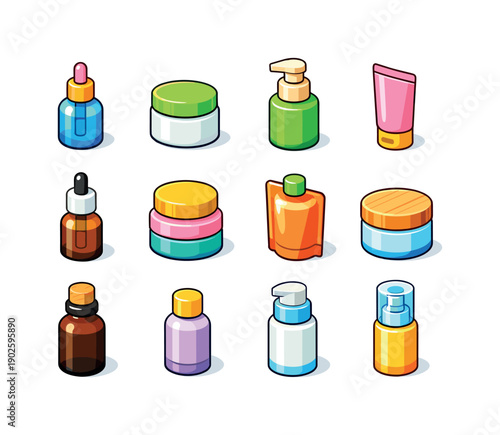Clean Beauty Packaging. Colorful isometric vector icons set of clean beauty packaging: glass cosmetic bottle, minimalist cream jar, eco pump