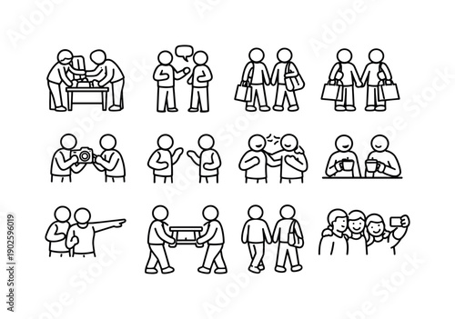 Friends at flea markets. Line icon set of Friends at flea markets: friends browsing stalls, friends chatting, friends shopping together,