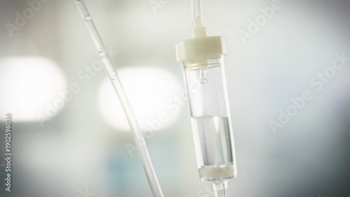 A medicinal liquid flows steadily through a transfusion system into an intravenous infusion chamber via a clear tube, ensuring precise health care delivery through advanced medical equipment