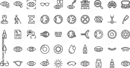 Eye care icons, vision symbols, optometry tools, eye chart, contact lens, glasses, eye drops, anatomy, health, ophthalmology, exam
