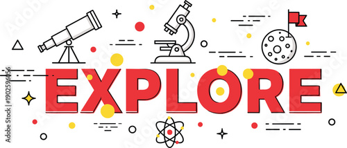 Explore science illustration, discovery icons, space research, atomic energy, telescope view, moon mission, microscope study, curiosity theme, scientific graphics, innovation tools