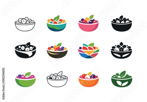 Smoothie Bowl Logos. Smoothie bowl. Icon set. Set Logo of Smoothie bowl: healthy breakfast bowl. harmonious logo variations of the same emblematic concept,